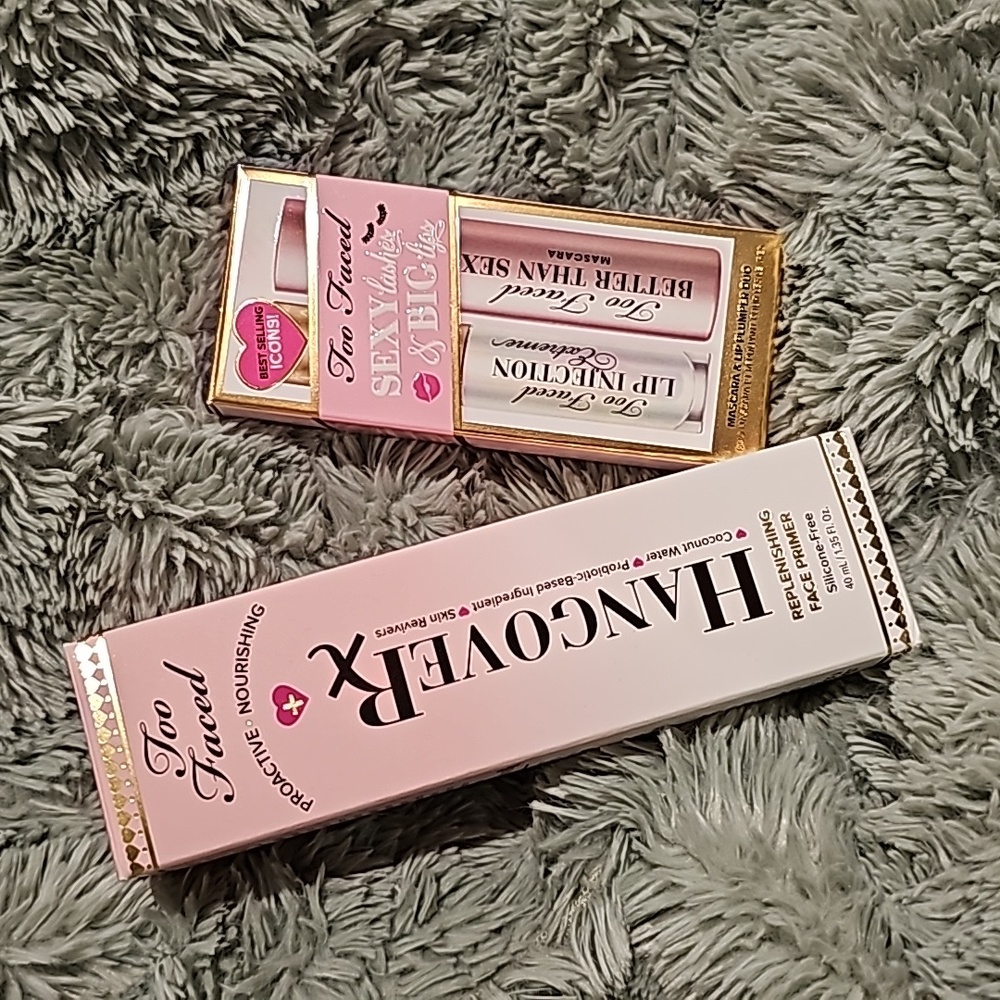 New Too Faced Hangover RX face primer with Deluxe size Lip Injection and Mascara